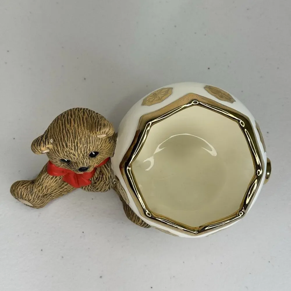 Hand Painted Holiday Christmas Teddy Bear Candy Ornament Plant Pot VTG Ceramic